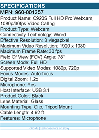 Logitech 960-001257 C920S Full HD Pro Webcam, 1080p/30fps Video Calling