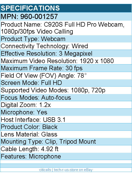 Logitech 960-001257 C920S Full HD Pro Webcam, 1080p/30fps Video Calling