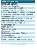 Logitech 960-001308 Rally Bar All-In-One Video Bar for Medium & Large Rooms