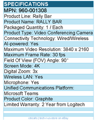 Logitech 960-001308 Rally Bar All-In-One Video Bar for Medium & Large Rooms