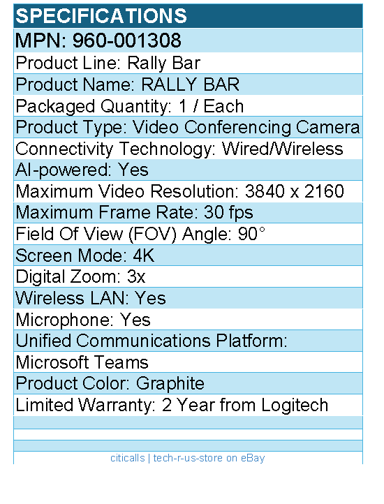 Logitech 960-001308 Rally Bar All-In-One Video Bar for Medium & Large Rooms