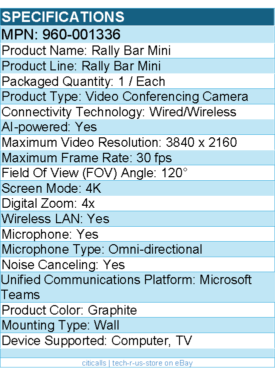 Logitech 960-001336 Rally Bar Mini All-In-One Video Bar for Small to Medium Room