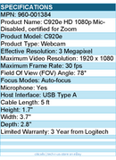 Logitech 960-001384 C920e HD 1080p - Business Webcam - 1920 x 1080 Video