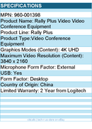 Logitech 960-001398 Rally Plus Video Video Conference Equipment
