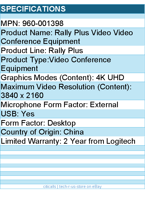 Logitech 960-001398 Rally Plus Video Video Conference Equipment