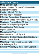Logitech 960-001401 C920e HD 1080p Mic-Enabled Webcam, certified for Zoom