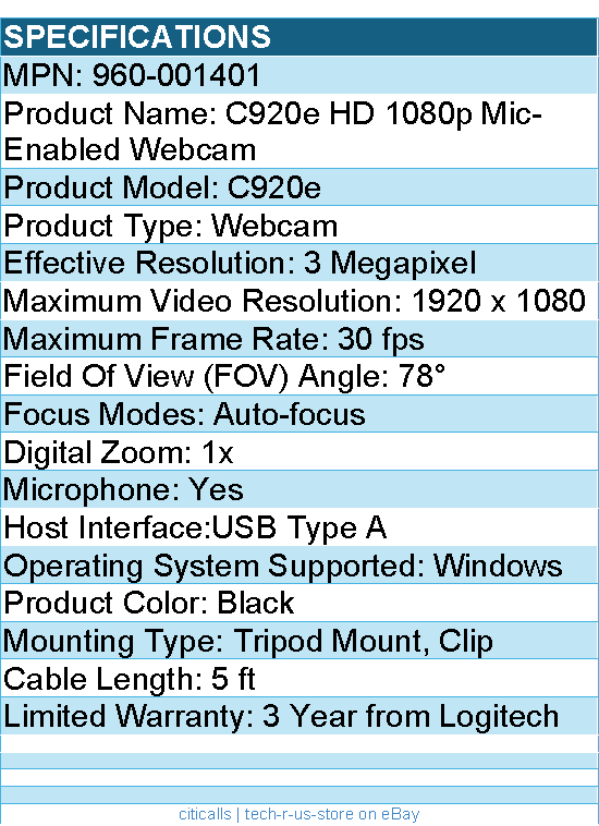 Logitech 960-001401 C920e HD 1080p Mic-Enabled Webcam, certified for Zoom