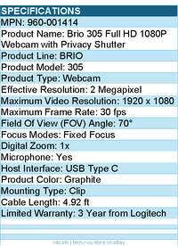 Logitech 960-001414 Brio 305 Full HD 1080P Webcam with Privacy Shutter