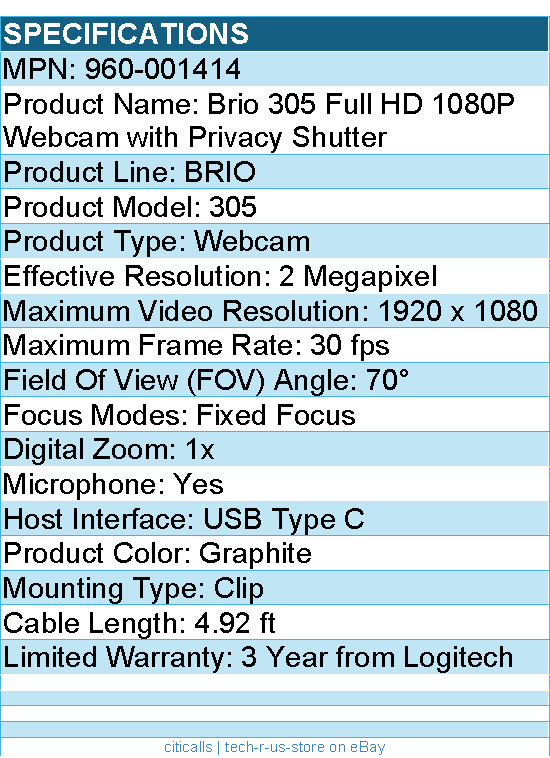 Logitech 960-001414 Brio 305 Full HD 1080P Webcam with Privacy Shutter