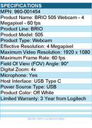 Logitech 960-001454 BRIO 505 Webcam - 4 Megapixel - 60 fps - Off White