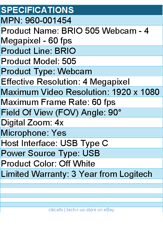 Logitech 960-001454 BRIO 505 Webcam - 4 Megapixel - 60 fps - Off White