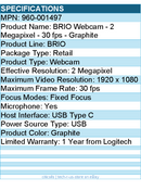 Logitech 960-001497 BRIO Webcam - 2 Megapixel - 30 fps - Graphite