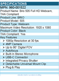 Logitech 960-001522 Brio 505 Full HD Webcam, TAA Compliant, Auto-Framing