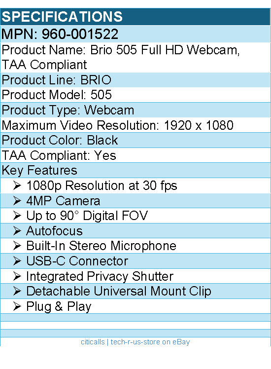 Logitech 960-001522 Brio 505 Full HD Webcam, TAA Compliant, Auto-Framing