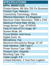 Logitech 960001529 MX Brio 705 for Business 4K Webcam w/ Auto Light Correction