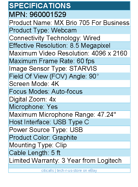 Logitech 960001529 MX Brio 705 for Business 4K Webcam w/ Auto Light Correction