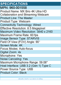 Logitech 960-001558 The Master MX Brio Webcam - 8.5 Megapixel - 60 fps - Black