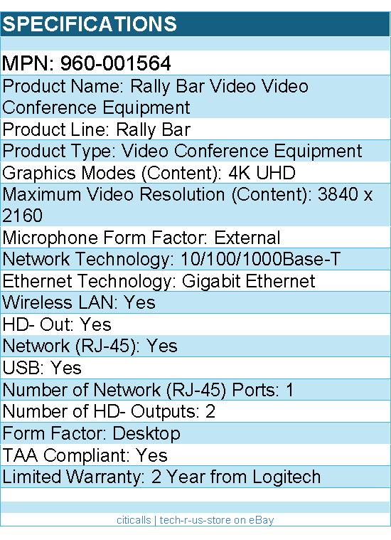 Logitech 960-001564 Rally Bar All-in-One Video Bar (Graphite, TAA Compliant)