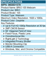 Logitech 960001579 Brio 105 Full HD 1080p Business Webcam w/ Auto-Light Balance