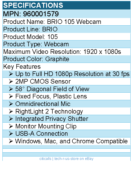 Logitech 960001579 Brio 105 Full HD 1080p Business Webcam w/ Auto-Light Balance