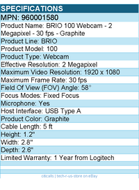 Logitech 960001580 BRIO 100 Webcam - 2 Megapixel - 30 fps - Graphite