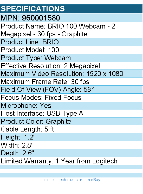 Logitech 960001580 BRIO 100 Webcam - 2 Megapixel - 30 fps - Graphite