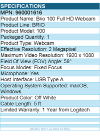 Logitech 960001616 BRIO 100 Webcam - 2 Megapixel - Off White - USB Type A