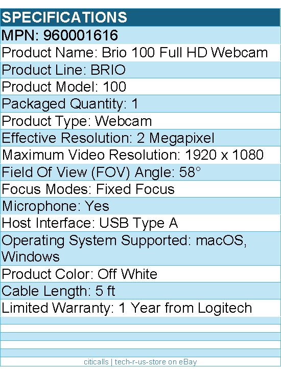 Logitech 960001616 BRIO 100 Webcam - 2 Megapixel - Off White - USB Type A