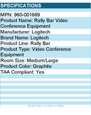 Logitech 960-001669 Rally Bar Video Conference Equipment - Graphite