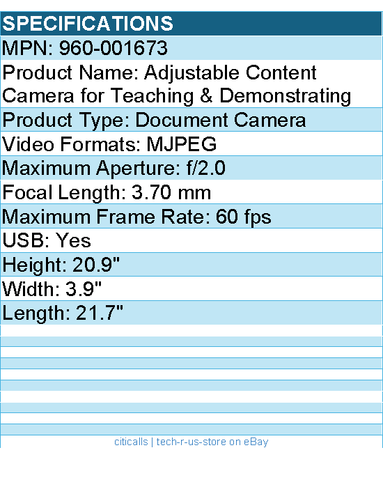 Logitech 960-001673 Document Camera with Clamp Mount, Articulating Overhead