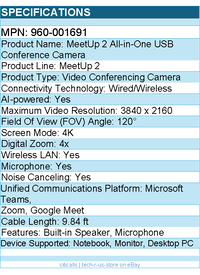 Logitech 960-001691 MeetUp 2 All-in-One USB Conference Camera with Built-In AI