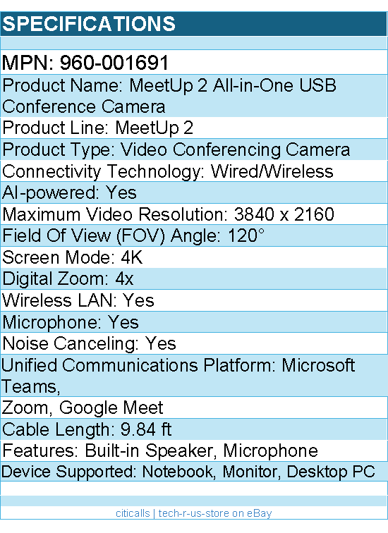 Logitech 960-001691 MeetUp 2 All-in-One USB Conference Camera with Built-In AI