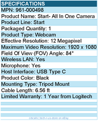 Logitech 961-000498 Mevo Start Webcam - 12 Megapixel - Black - USB Type C