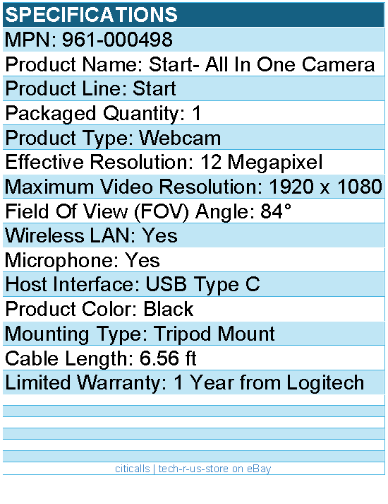 Logitech 961-000498 Mevo Start Webcam - 12 Megapixel - Black - USB Type C
