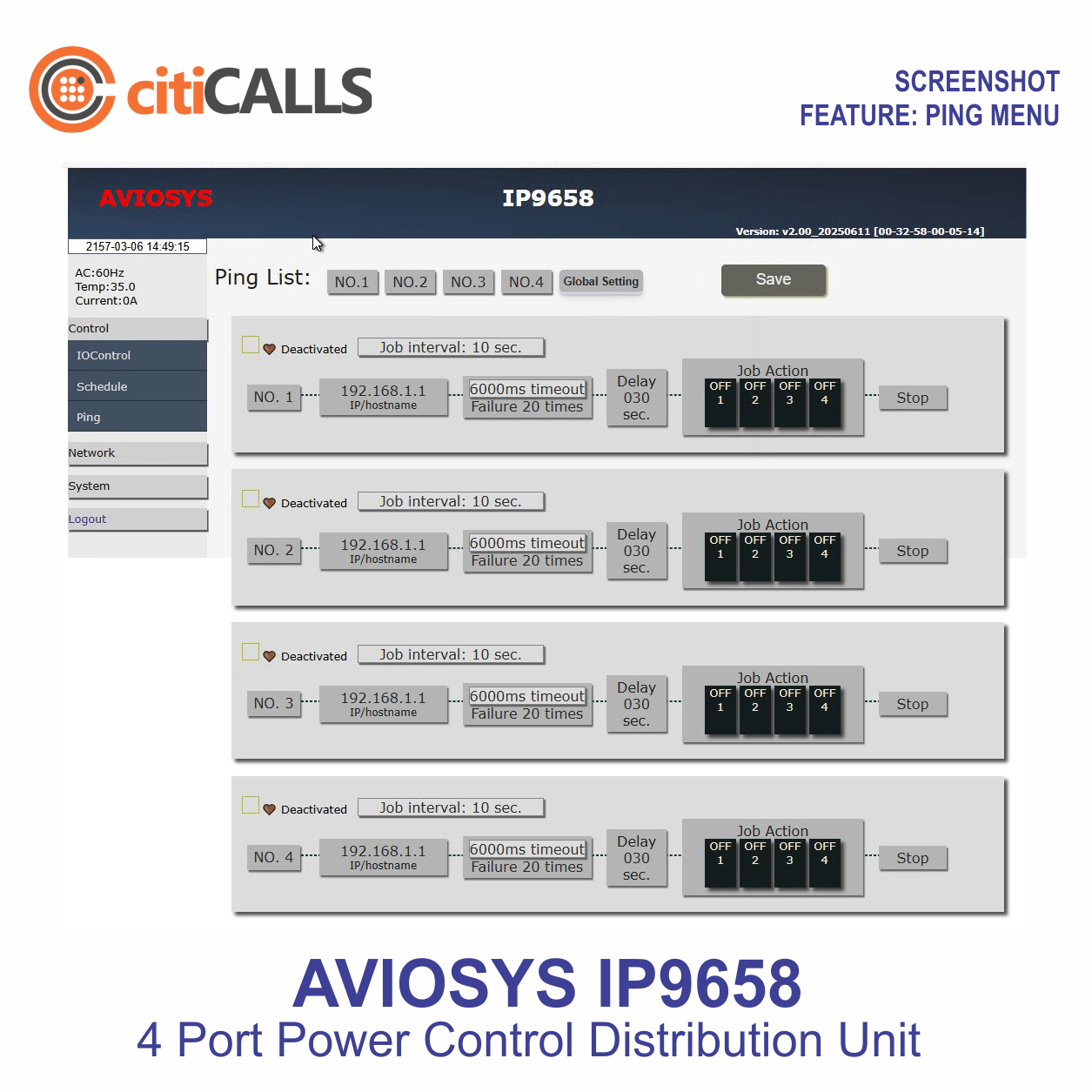 Aviosys IP9658T 9658 4 Port Network AC Web Power Switch Controller PING IP 9258