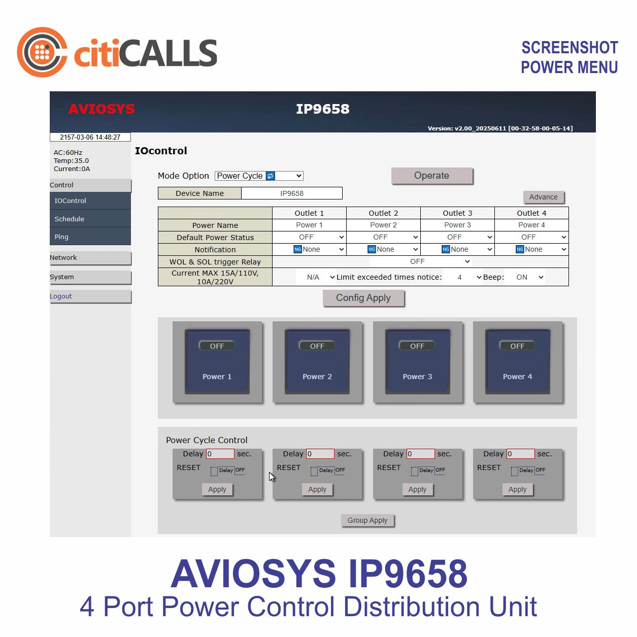Aviosys IP9658T 9658 4 Port Network AC Web Power Switch Controller PING IP 9258