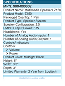 Logitech 980-000802 Multimedia Speakers Z150 w/ Clear Stereo Sound - Black
