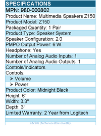 Logitech 980-000802 Multimedia Speakers Z150 w/ Clear Stereo Sound - Black