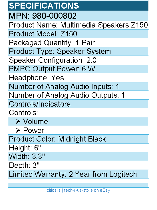 Logitech 980-000802 Multimedia Speakers Z150 w/ Clear Stereo Sound - Black