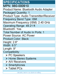 Logitech 980-000910 Bluetooth Audio Adapter - 49.21 ft Operating Range
