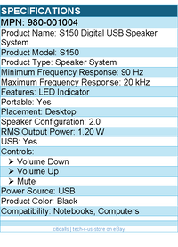 Logitech 980-001004 S150 2.0 Portable Speaker System - 1.20 W RMS - Black