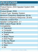 Logitech 980-001053 Z533 2.1 Speaker System - 60 W RMS