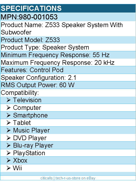 Logitech 980-001053 Z533 2.1 Speaker System - 60 W RMS