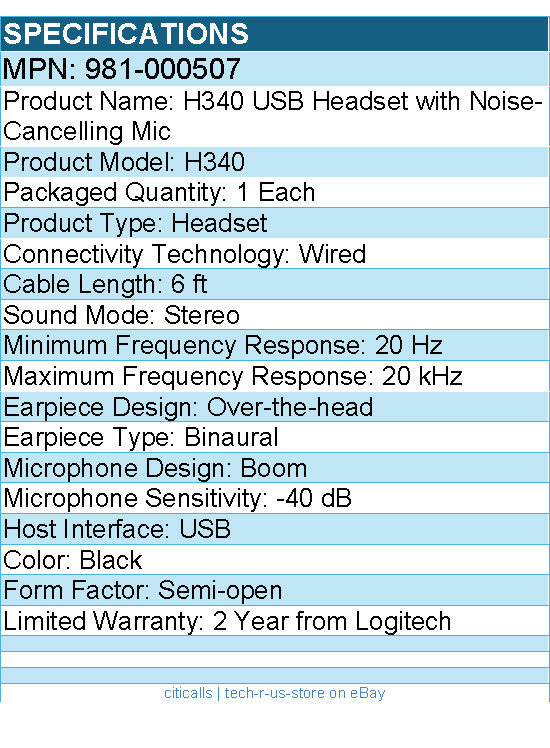 Logitech 981-000507 H340 USB Headset with Noise-Cancelling Mic