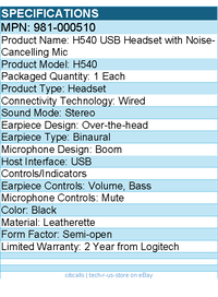 Logitech 981-000510 H540 USB Headset with Noise-Cancelling Mic - Black