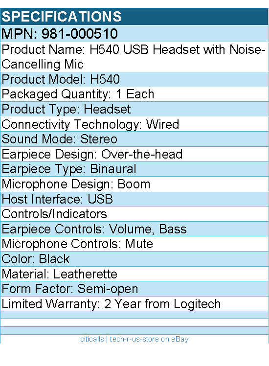 Logitech 981-000510 H540 USB Headset with Noise-Cancelling Mic - Black