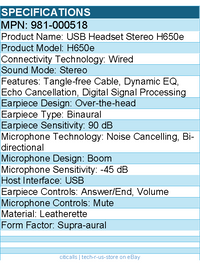Logitech 981-000518 USB Headset Stereo H650e - Wired - Noise Cancelling
