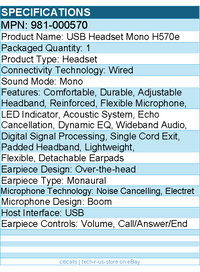 Logitech 981-000570 USB Headset Mono H570e - Wired - Noise Cancelling