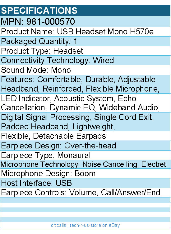 Logitech 981-000570 USB Headset Mono H570e - Wired - Noise Cancelling