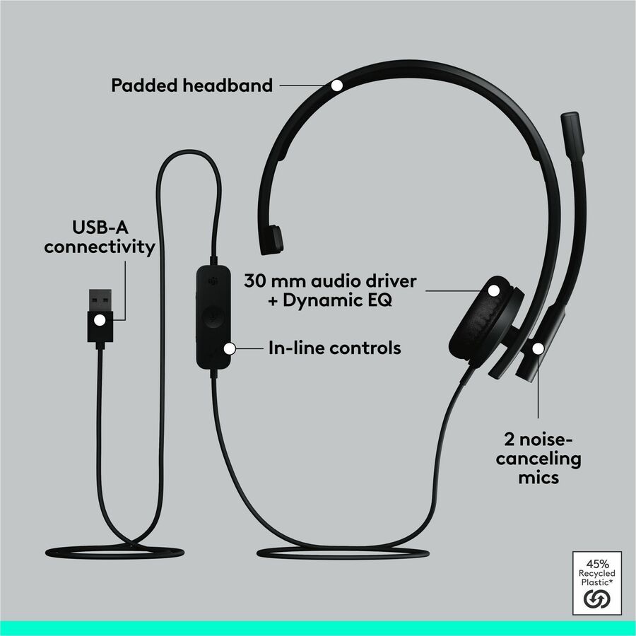 Logitech 981-000570 USB Headset Mono H570e - Wired - Noise Cancelling